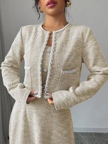 Elenzga 女式秋季仿珍珠装饰长袖开襟夹克和无袖连衣裙优雅两件套 - 卡其色 - 查看 7