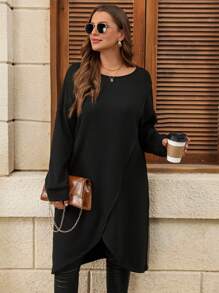 SHEIN Clasi Plus Size Solid Color Round Neck Criss-Cross Casual Versatile Women Long Sleeve Top