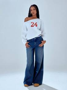 MUSERA '24' Off The Shoulder Slouchy Sweatshirt Top - White - View 1