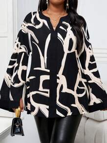 SHEIN Lady Spring And Summer Autumn And Winter Elegant Black Woven Notched Bell Sleeve Midi Long Sleeve Plus Size Blouses Winter Women Clothes Thanksgiving Women Outfit Winter Outfits Long Sleeve Shirt Thanksgiving Shirt Winter Tops