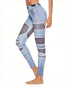 SHEIN Unity Full Pattern Elastic Waist Skinny Casual Pants Fall Cloth For Women - Blue - View 1