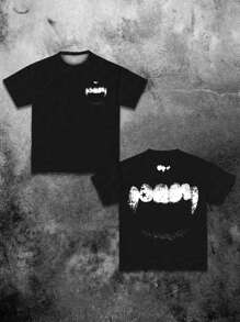 SHEIN Camiseta de manga corta con cuello redondo y estampado de colmillos minimalista y fresco, apropiada para el verano, para niños preadolescentes