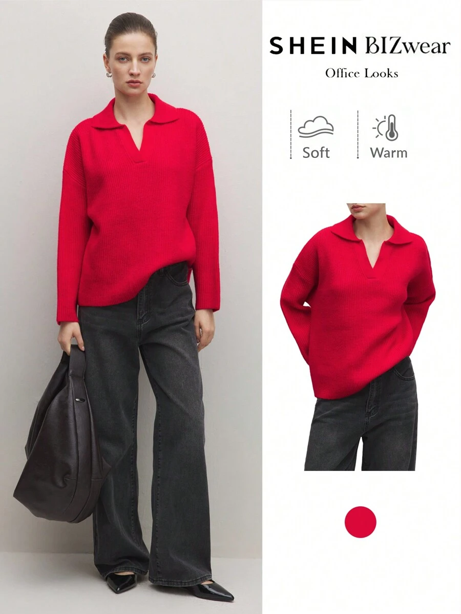 BizChic 圣诞红色连帽衫运动衫时尚女士针织运动衫办公室服装，春夏 - 紅色 - 查看 1