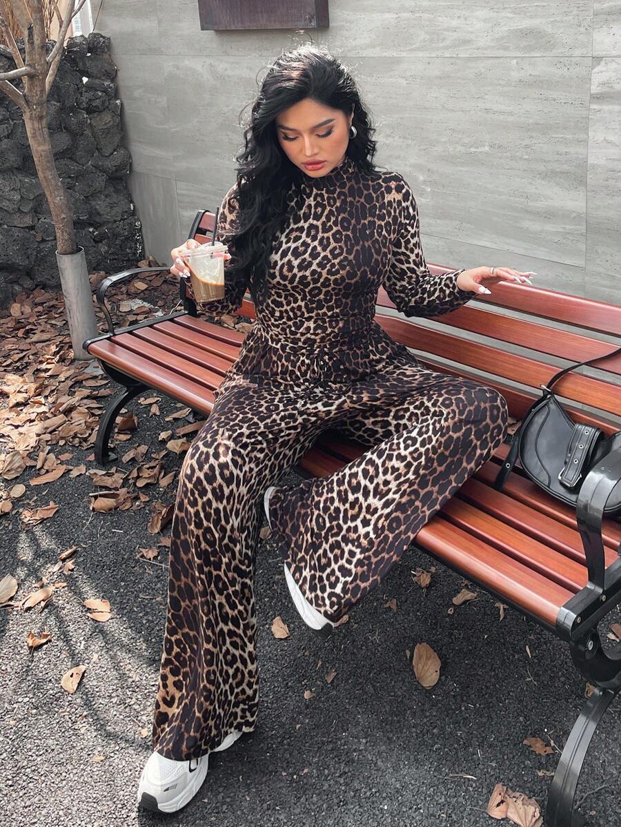 SHEIN EZwear 大码女式豹纹两件套服装，女士冬季服装 - 彩色 - 查看 1