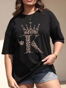 SHEIN LUNE 大码女式休闲宽松字母和豹纹落肩圆领 T 恤图案猎豹印花 T 恤女式上衣 - 黑色 - 查看 6