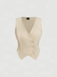 SHEIN MOD Plus Size Women V-Neck Single-Breasted Vest Jacket And Suit Set,Valentine's Day - Apricot - View 8