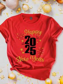 SHEIN Essnce Happy New Year! 2025 New Year Decor Style Foil Print Relaxed Fit Crew Neck Short Sleeve Women T-Shirt, Women Holiday Pullover Top - Red - View 1