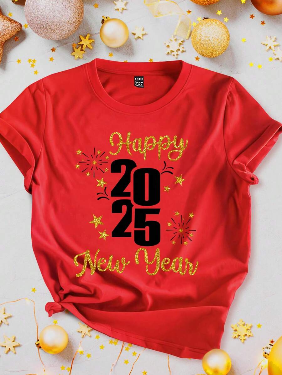 SHEIN Essnce Happy New Year! 2025 New Year Decor Style Foil Print Relaxed Fit Crew Neck Short Sleeve Women T-Shirt, Women Holiday Pullover Top - Red - View 1