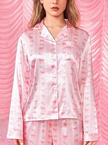 ROMWE Kawaii 浪漫情人节心形与蝴蝶结缎面印花翻领长袖睡衣套装 - 粉色 - 查看 1