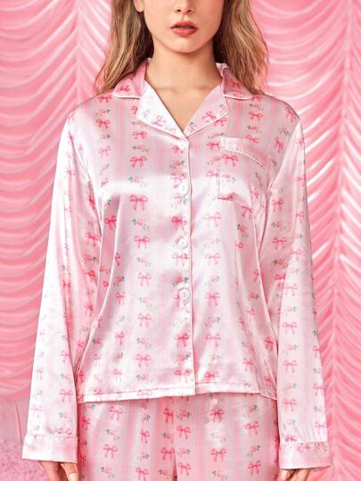 Kawaii Romantic Valentine's Day Heart & Bow Satin Allover Print Lapel Long Sleeve Pajama Set