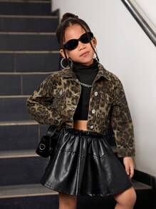 SHEIN Explorewe Áo khoác denim họa tiết da báo thời trang cho bé gái, áo khoác ngoài ngắn rộng rãi thoải mái - Nhiều màu - Xem 1