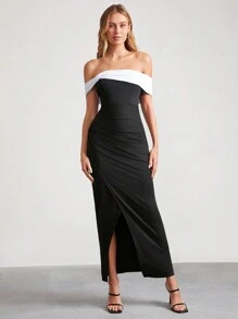 SHEIN Clasi Vestido ceñido con hombros descubiertos, lazo y abertura para mujer