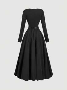SHEIN MOD Women's Black Long Sleeve Maxi Bubble Dress With Belt,New Year Eve Dress,Bubble Dress,
