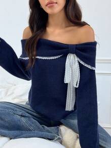 Flirla Women Off Shoulder Casual Cute & Playful Contrast Lace Short Sweater Knit Pullover Fall Winter Outfit - Navy Blue - View 5