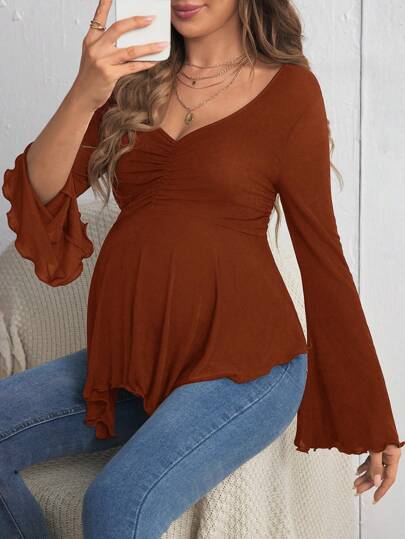 SHEIN Maternity Flounce Sleeve Ruched Lettuce Trim Y2k T-Shirt, Black Long Sleeve Fitted Pregnant Women T-Shirt, Autumn/Winter Fall