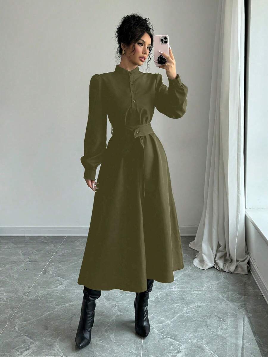 Elenzga Vestido Longo Sólido de Inverno para Mulheres com Manga Longa, Colarinho Reto, Zíper Até a Cintura e Amarração na Cintura, para Looks Elegantes, Casuais, Negócios e Viagens - Verde Militar - Visão 1