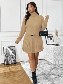Franclia Conjunto de suéter de cuello de punto y falda mini acanalada de punto para talla grande, atuendo casual y versátil para uso diario en invierno