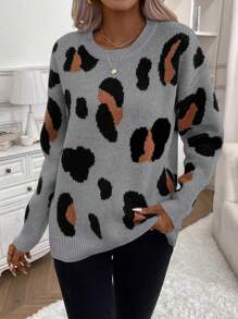 SHEIN LUNE Jersey casual de cuello redondo de manga larga con detalle de estampado de leopardo para mujer