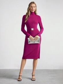 SHEIN Clasi High Neck Long Sleeve Rhinestone Belted Party Dress, Sparkly & Fashionable For Women - Red Violet - View 3