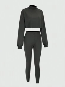 SHEIN BASICS 2 件套女士休闲纯色针织短款长袖宽松上衣和中腰紧身裤套装 - 黑色 - 查看 3
