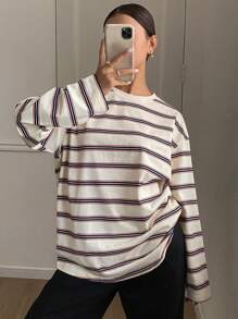 Livesso Women Casual Striped Loose Fit Long Sleeve Round Neck T-Shirt,Fall Clothes