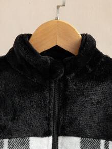 SHEIN Young Boys Fleece-Feel Houndstooth Zipper Jacket, With Contrast Black Panel On Shoulders, Convenient Zip Design, Versatile To Match Various Pants, A Classic Essential - Multicolor - View 7
