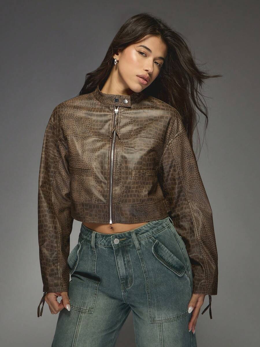 MISSGUIDED Faux Leather Crocodile Pattern Biker Short Zip Front