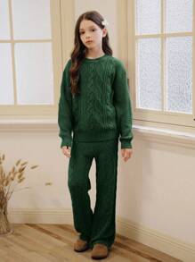 SHEIN Vintaside Kids Set de modă pentru fete 2 buc, pulover din tricot cu cablu slim-fit + pantaloni lungi cu draperie