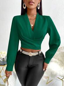 SOLERSUN Women's Solid Color V-Neck Long Sleeve Casual Top - Dark Green - View 5