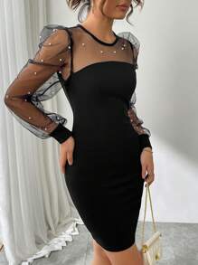 SHEIN Privé Contrast Mesh Lantern Sleeve Bodycon Dress - Black - View 5