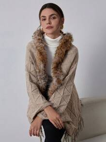 SHEIN Privé Women's Casual Patchwork Fluffy Batwing Sleeve Cardigan, Autumn/Winter - Coffee Brown - View 3