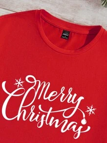 Manfinity Homme 红色针织男式圣诞口号印花休闲圆领短袖 T 恤 - 紅色 - 查看 4