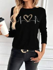 Chiquease Women Casual Cheetah & Heart Print Top, Minimalist & Fashionable Graphic Tees Women Tops Fall Cloth For Women - Black - View 1
