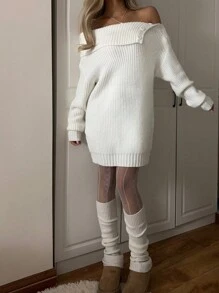 SHEIN EZwear 女士纯色露肩长袖短款毛衣连衣裙，秋冬 - 白色 - 查看 5