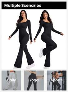 Easithlete Seamless High Stretch Rib Knit Sports Jumpsuit With Thumb Holes