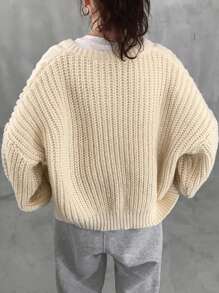 FRIFUL 女士纯色落肩长袖单排扣宽松休闲开衫，适合秋冬季，秋季女装 - 杏色 - 查看 5