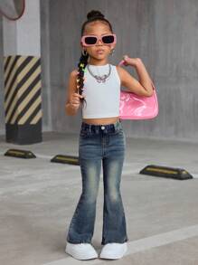 SHEIN Young Girl Y2K Retro Blue Denim Elastic Flare Pants,Girl Fall And Winter Clothes,Cute Denim Jeans