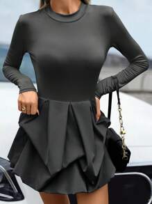 SHEIN Unity Plus Size Elegant Solid Color Bud Hem Mini Dress, Autumn - Grey - View 4