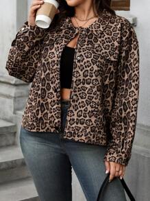 Flirla 女士休闲动物印花豹纹口袋装饰长袖夹克，秋冬