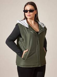 RueChic Casual Sleeveless Zip Up Puffer Vest Jacket With Hoodie - Green - View 5
