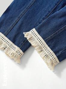 SHEIN 2 Pieces Urban Casual Style Tween Girls Set: Cozy Texture Fabric Hooded Long Sleeve Sweatshirt And Fringed Hem Denim Long Pants Outfit, Suitable For City Outdoors, Everyday Wear, Parties And More In Autumn/Winter - Multicolor - View 8