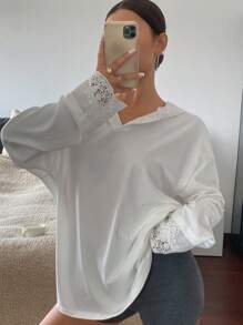 Livesso 女式蕾丝拼布宽松连帽白色长袖T恤，秋季服装 - 白色 - 查看 6
