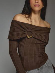MISSGUIDED Ribbed Knit Off Shoulder Sweater Winter Autumn Long Sleeve Button Detail Cozy Wrap Style Casual Fashion Slim Fit Pullover Top - Coffee Brown - View 6