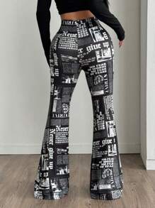 Coolane Elastic Waist All-Over Print Flare Leg Casual Pants, Versatile - Black - View 2
