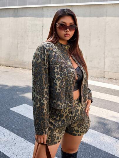 SHEIN ICON Áo khoác denim cỡ lớn, áo khoác in họa tiết da báo phong cách Y2K mùa thu đông, áo khoác thường ngày màu nâu.