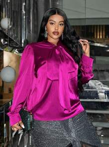 Slaydiva Elegant & Party & Gathering & Date & Everyday, Loose Solid Burgundy Shirt For Women, Tie Knot Collar Puff Sleeve, Satin-Like Fabric, Plus Size