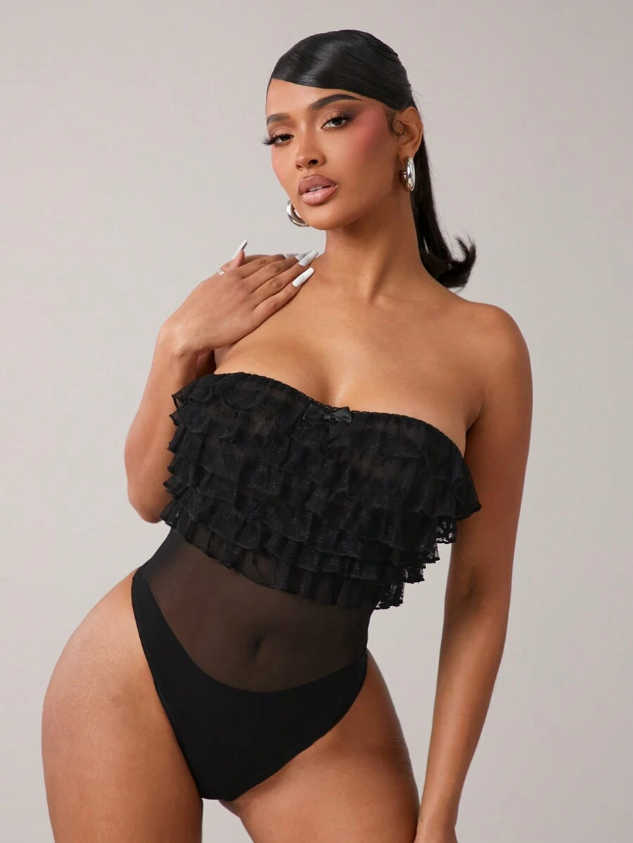 SHEIN SXY Sexy Layered Lace Ruffled Tube Bodysuit - Black - View 1