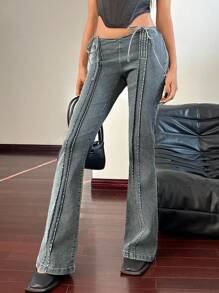 SHEIN ICON Y2K Jeans femininos de cintura baixa com cordão e alargamento, casuais e versáteis, jeans de cintura baixa, jeans largos, jeans femininos de perna reta, jeans femininos de cintura baixa com cordão e alargamento, casuais e versáteis - Azul - Ver 7