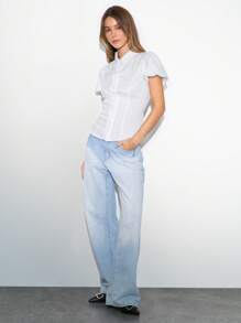 Flirla Blouse femme de mode à manches bouffantes, col claudine, couleur unie, design fendu avec froncé, coupe slim. Pour les femmes, idéale pour le réveillon de Noël