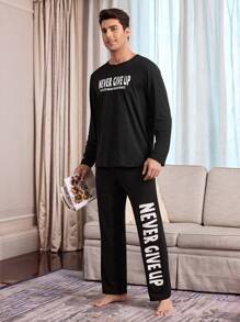CoupledUp Letter Print Casual Pullover Short Sleeve Pants Men's Pajama Set - Black - View 7